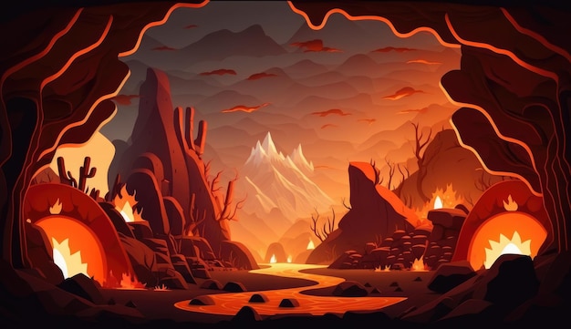 Photo a cartoon illustration of a mountain landscape with a fire in the middle.