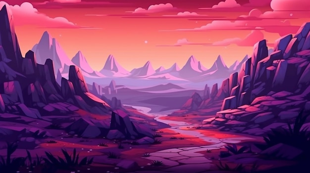 A cartoon illustration of a mountain landscape with a river running through it generative ai