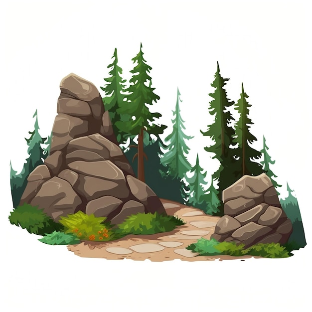 Cartoon illustration of a mountain landscape with rocks and trees