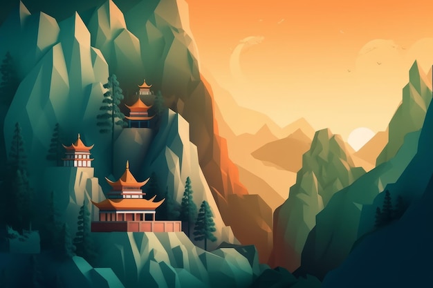 A cartoon illustration of a mountain landscape with a temple in the foreground.