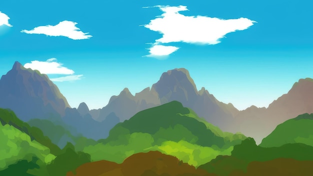 A cartoon illustration of a mountain landscape with trees and mountains in the background