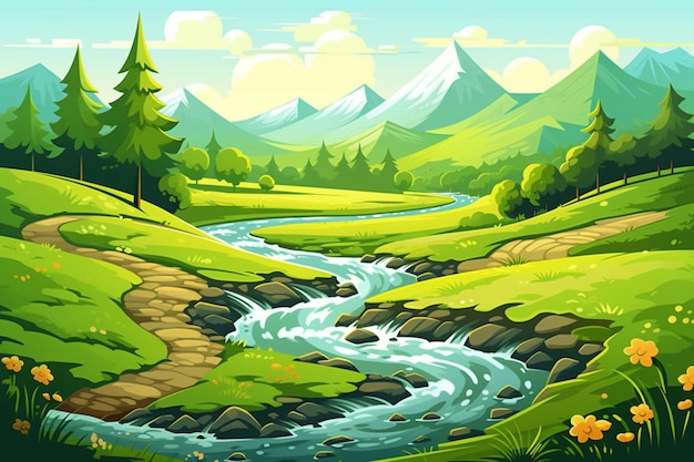 a cartoon illustration of a mountain stream flowing through a valley generative ai