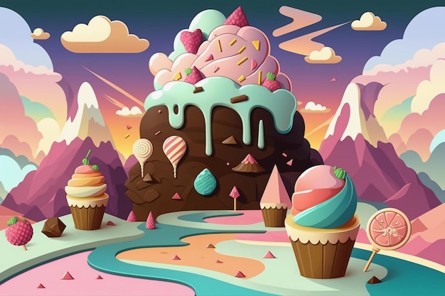 A cartoon illustration of a mountain with a desert and a cupcake.