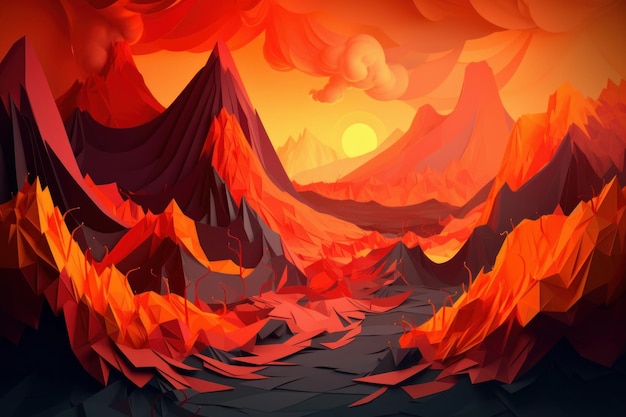 A cartoon illustration of a mountain with a sunset and the sun in the background.