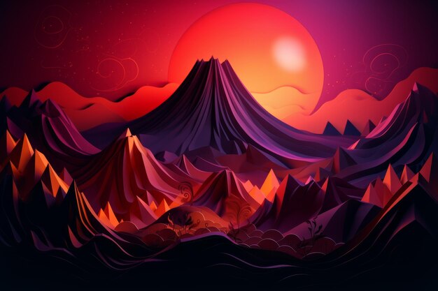 A cartoon illustration of mountains and a sunset.