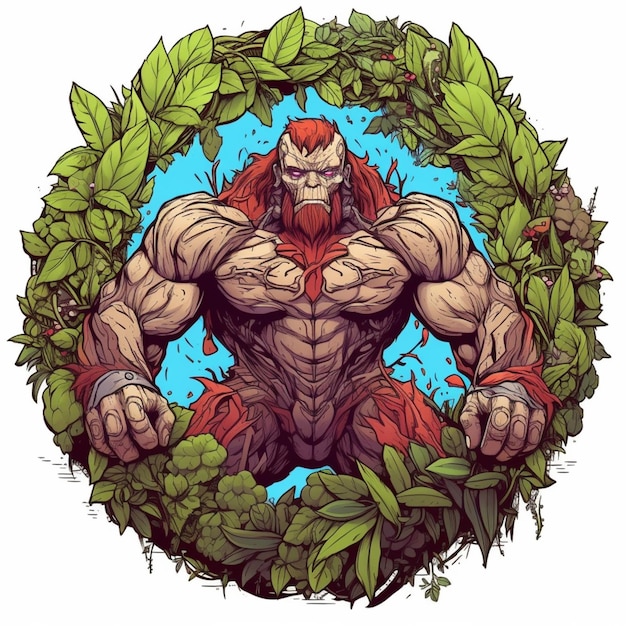 Photo a cartoon illustration of a muscular man surrounded by leaves generative ai