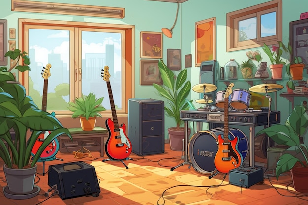 Photo cartoon illustration of a music studio with guitars generative ai
