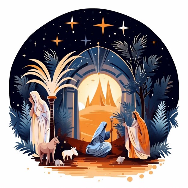 Foto un'illustrazione a cartone animato di una scena della natività con tre uomini saggi generativo ai