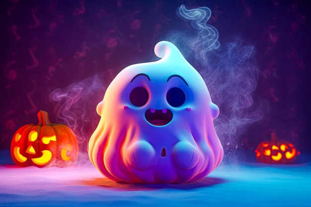 Photo cartoon illustration of nice halloween pumpkin ghost with cute face halloween concept