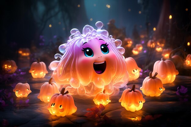 cartoon illustration of nice Halloween pumpkins ghosts with cute face Halloween concept