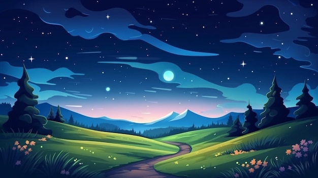 A cartoon illustration of a night scene with a path through the woods generative ai