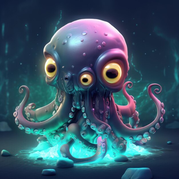 A cartoon illustration of an octopus with yellow eyes and a purple background.