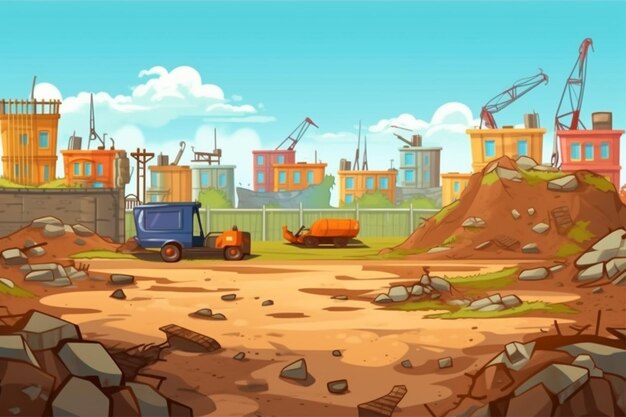 Фото Мультфильм иллюстрация строительной площадки с самосвалкой и бульдозером генеративный аи