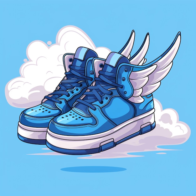Фото Мультфильмная иллюстрация пары синих кроссовки с крыльями на синем фоне