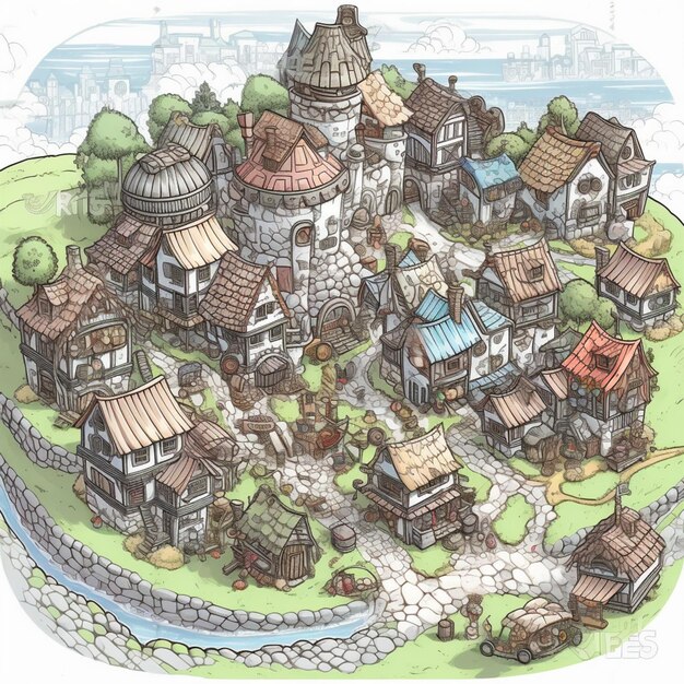 사진 강이 흐르는 작은 마을의 만화 삽화 생성 ai