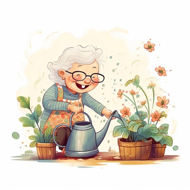 Фото Мультфильмная иллюстрация старухи, поливающей цветы в саду