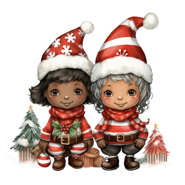 사진 색 바탕에 두 명의 아프리카계 미국인 크리스마스 마의 만화 일러스트레이션