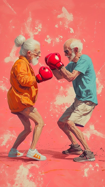 Cartoon illustration of an old couple boxing