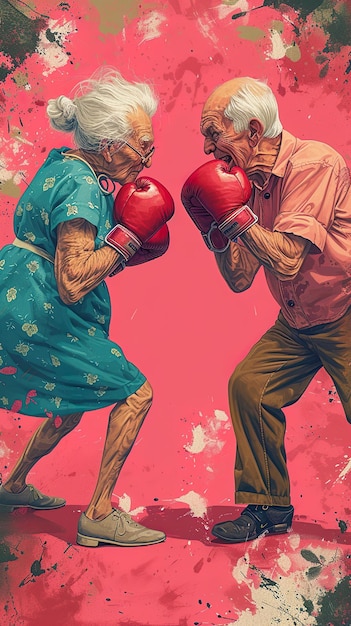 Cartoon illustration of an old couple boxing