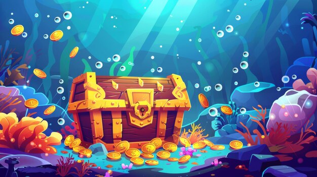 Cartoon illustration of old wooden chest with golden coins on sea bottom Seaweed pearl shells coral reef air bubbles under water background of an adventure game