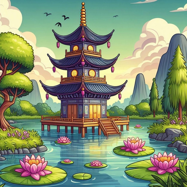 A cartoon illustration of a pagoda on a lake with water lilies