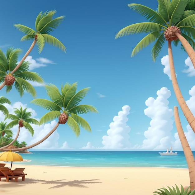 a cartoon illustration of palm trees on a beach.