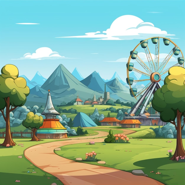 Cartoon illustration of a park with a ferris wheel and a park with a ferris wheel generative ai