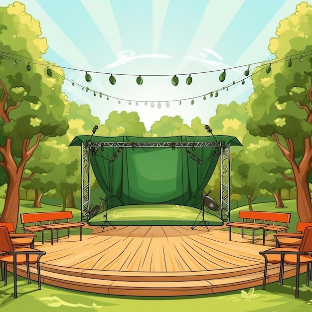 Foto un'illustrazione di cartone animato di un parco con una tenda e un palco con una tendina sullo sfondo