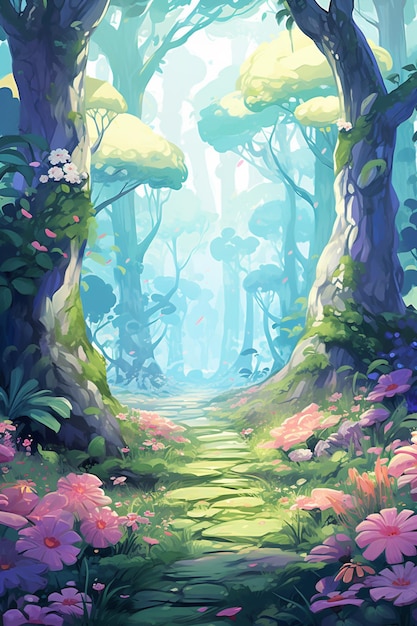 cartoon illustration of a path in a forest with flowers and trees generative ai