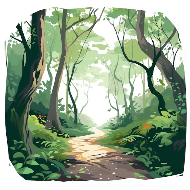 a cartoon illustration of a path in a forest with trees generative ai