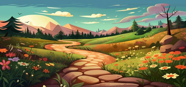 A cartoon illustration of a path through a beautiful mountain valley generative ai