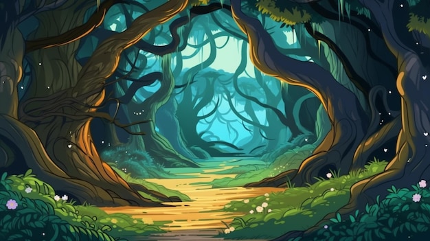 A cartoon illustration of a path through a forest with trees generative ai