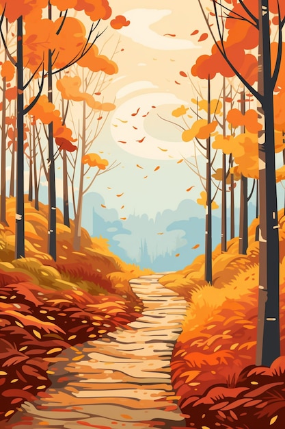 A cartoon illustration of a pathway in a forest with leaves on the ground generative ai