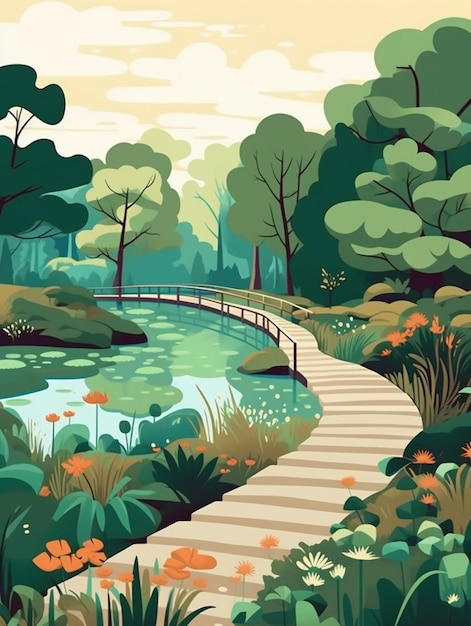 a cartoon illustration of a pathway through a park with a pond generative ai