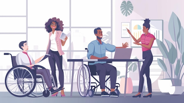 a cartoon illustration of people in a meeting with one of them has a man in a wheelchair and the other with a woman in pink shirt