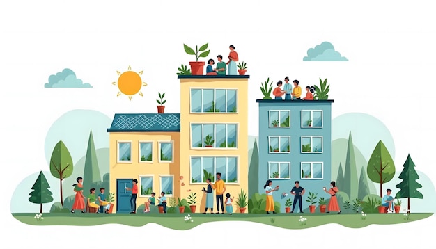 Photo a cartoon illustration of people on the roof of a building with plants and trees
