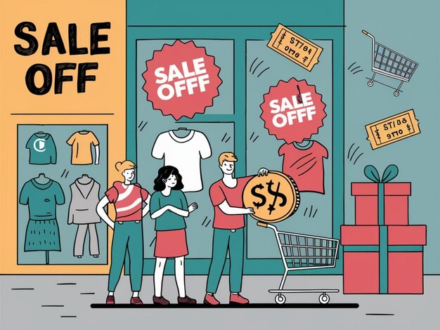 Photo a cartoon illustration of people shopping for a sale sign