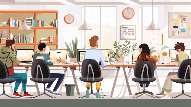 a cartoon illustration of people working in a computer lab