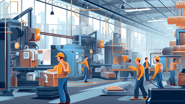 An cartoon illustration of people working in a factory