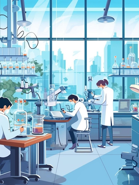 мультфильм с изображением людей, работающих в лаборатории с городом на заднем плане