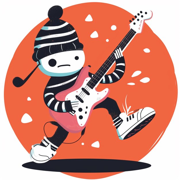 cartoon illustration of a person with a guitar and a hat generative ai