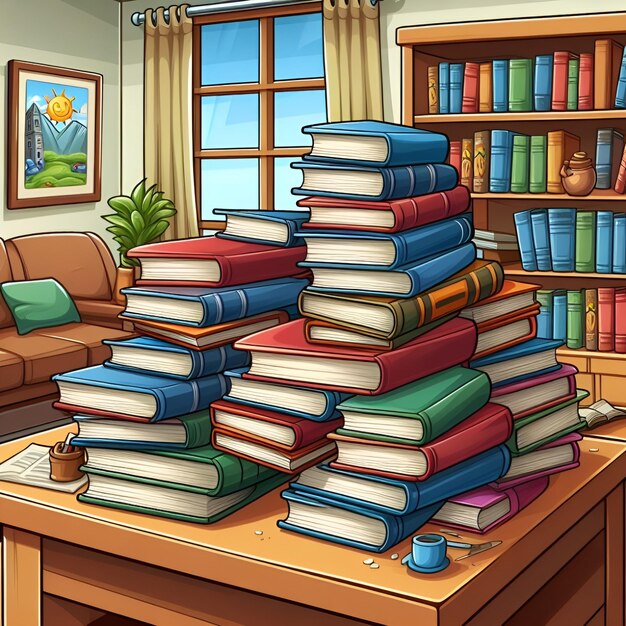 cartoon illustration of a pile of books on a table in a library