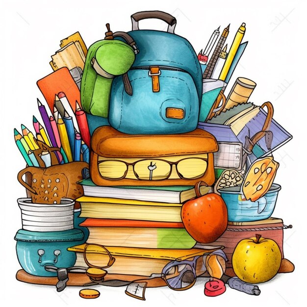 Photo a cartoon illustration of a pile of school supplies generative ai