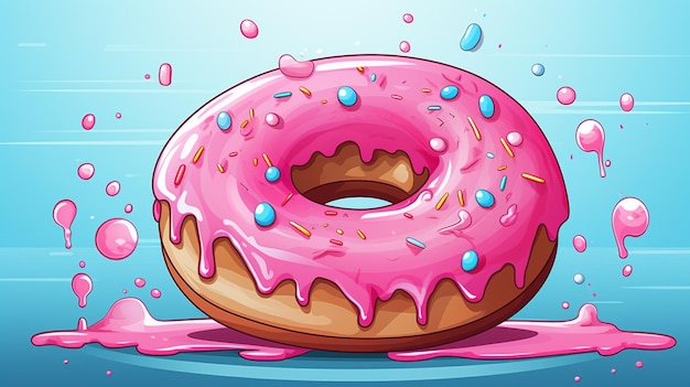cartoon illustration of a pink donut with sprinkles and pink icing generative ai