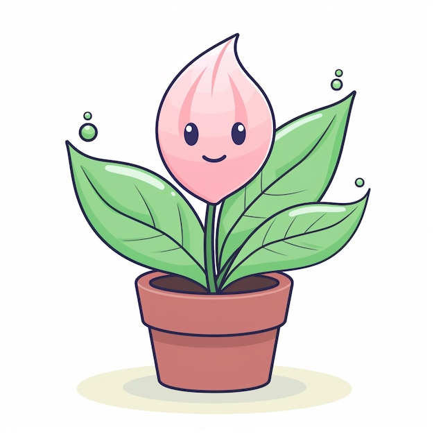 Photo cartoon illustration of a pink flower with green leaves in a pot generative ai