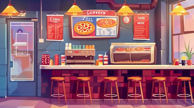 Cartoon illustration of a pizza restaurant interior with a bar counter cashier machine oven and showcase with food and drinks