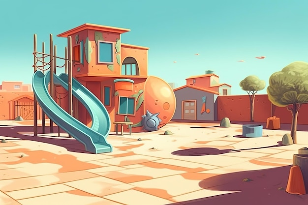 遊び場と大きなオレンジ色のボールを持つ遊び場の漫画イラスト