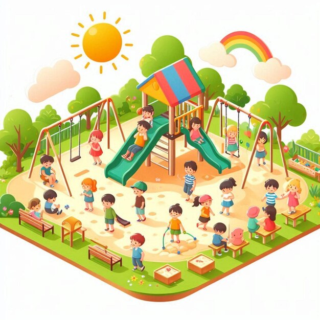 Photo a cartoon illustration of a playground with a rainbow in the background
