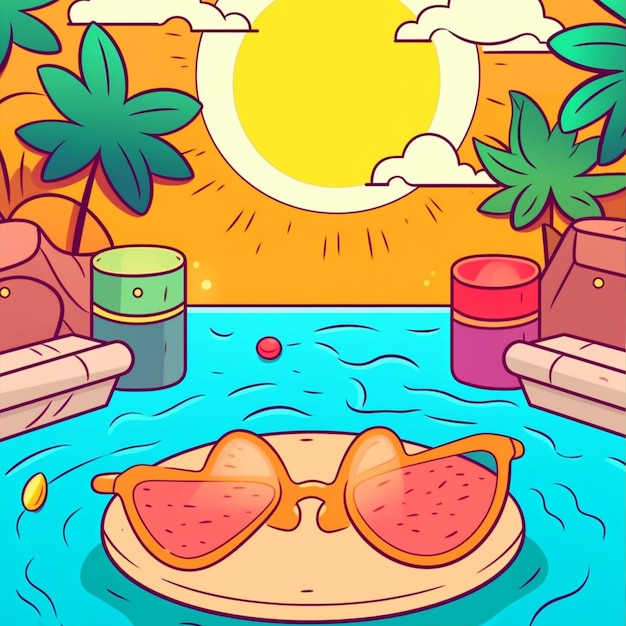 A cartoon illustration of a pool with a pair of sunglasses on it