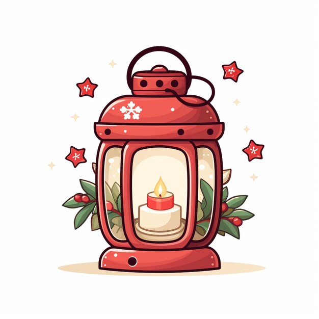 Photo cartoon illustration of a red lantern with a lit candle inside generative ai